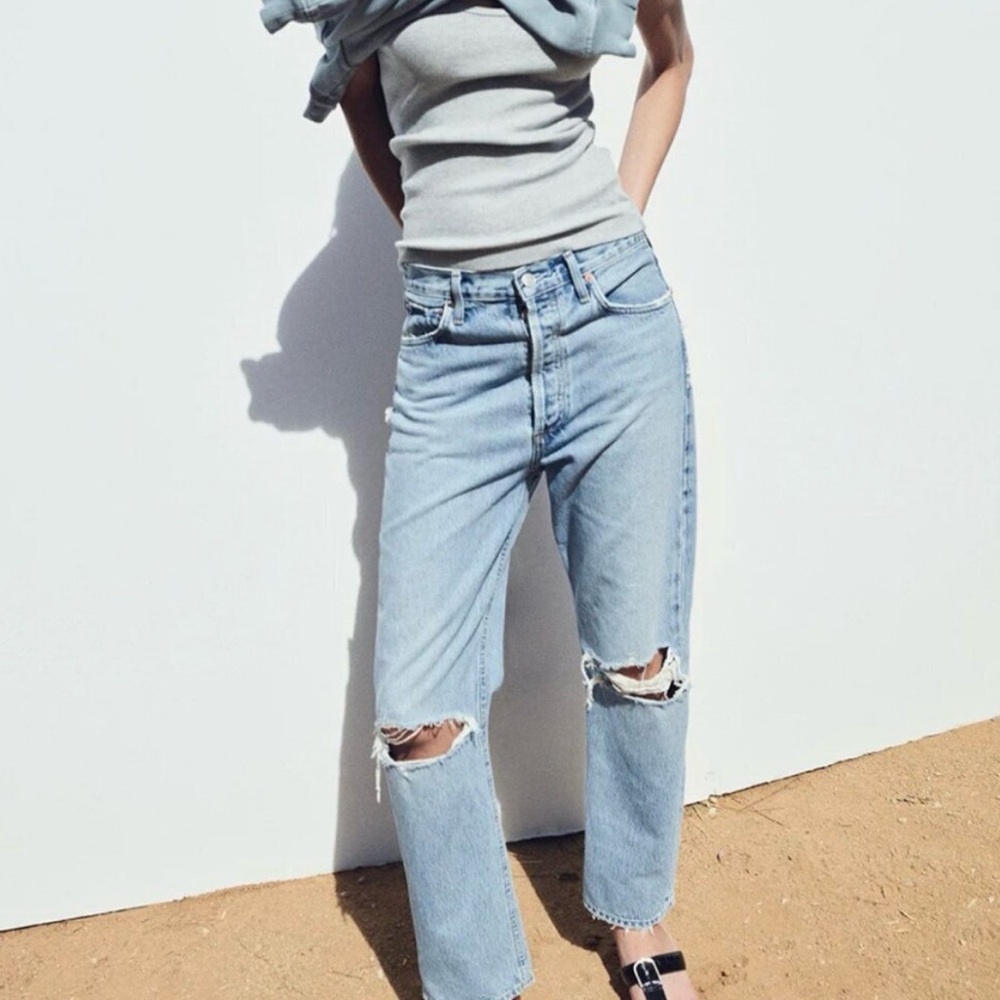 AGOLDE 90’s organic cotton cropped distressed jeans button fly high waisted 29